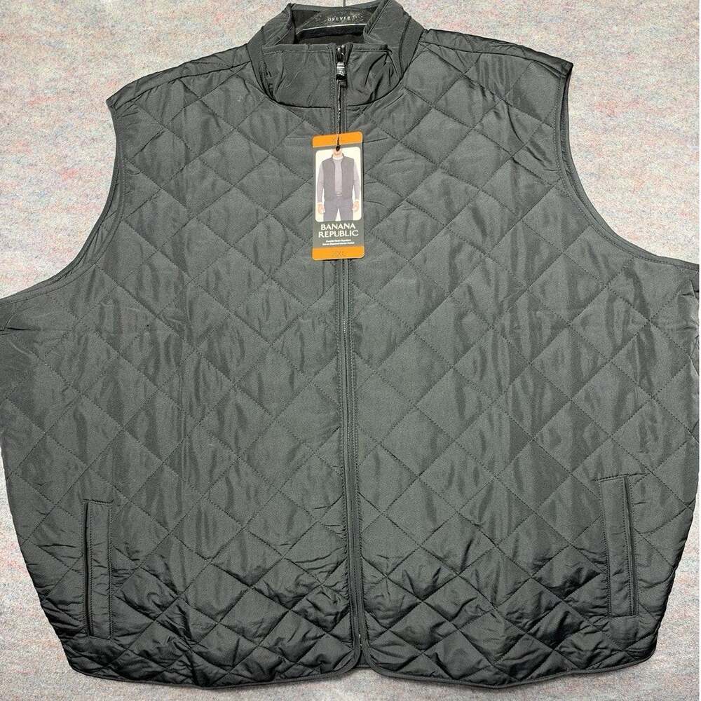 Banana Republic Men's XXL Black Quilted Full Zip Vest Stand-Up Collar Pockets